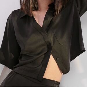 Lunya Black Silk Cropped Sleep Top and Pant Set